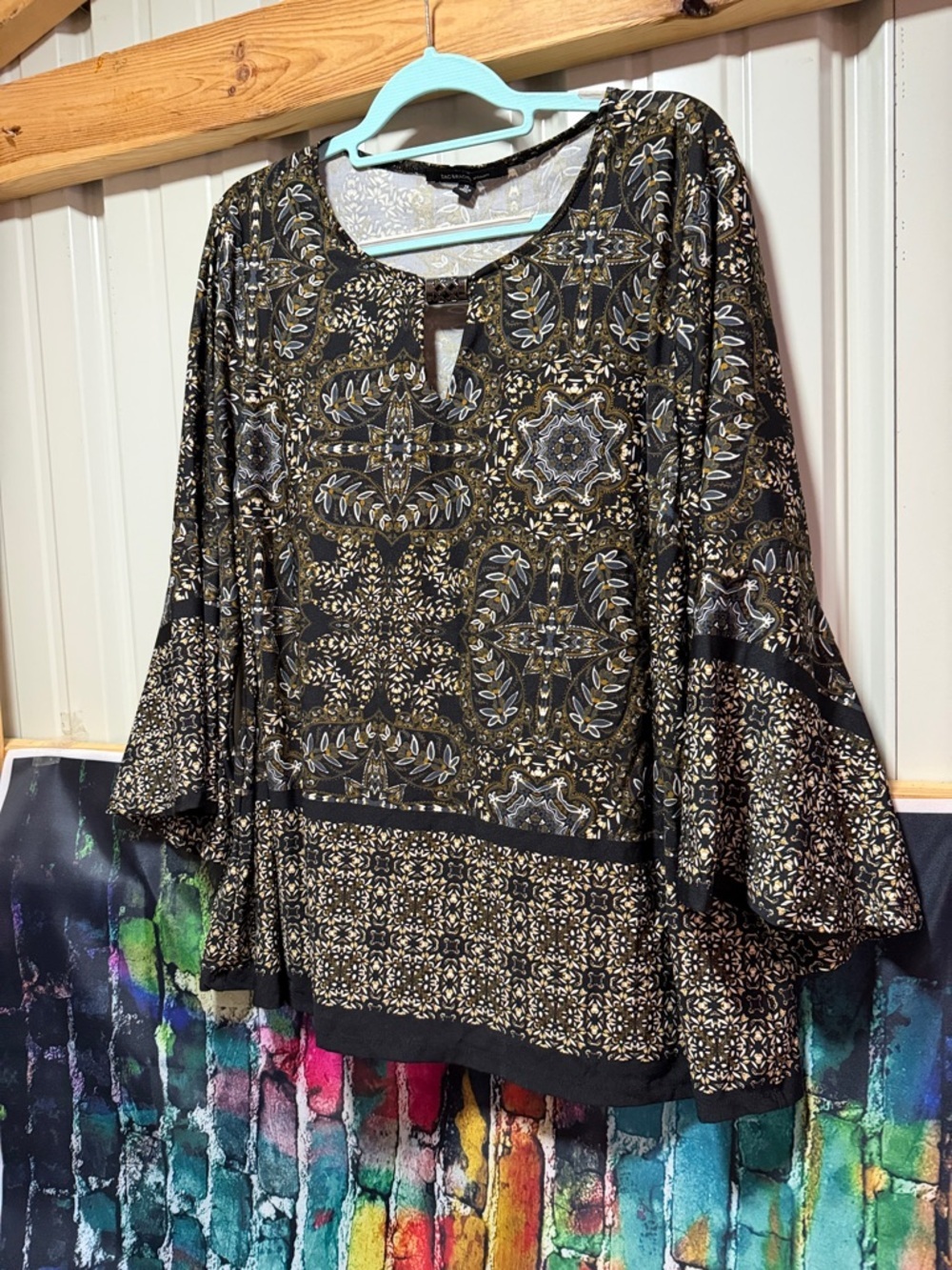 Zac & Rachel Black and Gold Patterned Bell-Sleeve Blouse